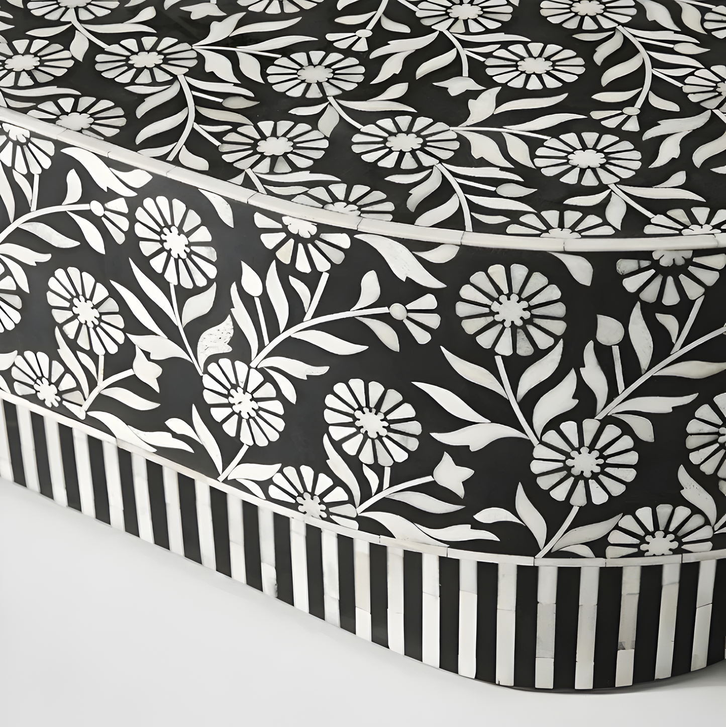 SUNFLOWER INLAY OVAL SHAPE COFFEE TABLE - BLACK & WHITE