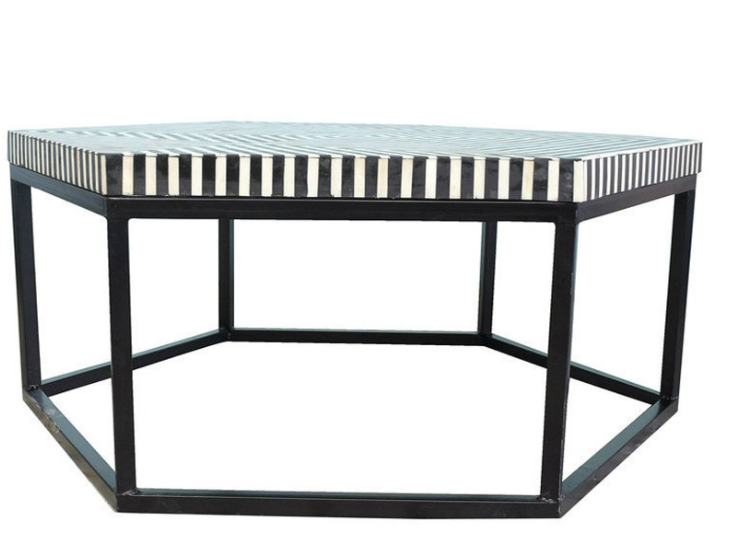 Bone Inlay Hexagonal Coffee Table in Black & White Stripe Design with Metal Based