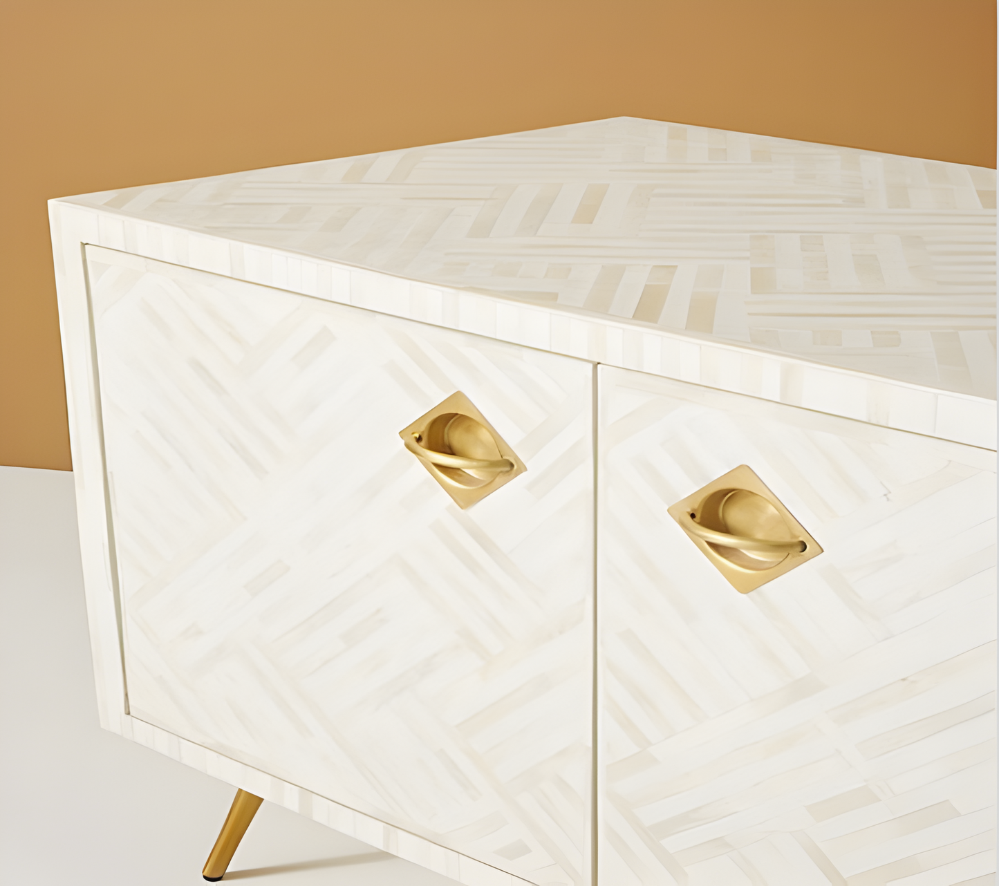 Bone Inlay Criss-Cross Stripe TV Sideboard with Brass - White
