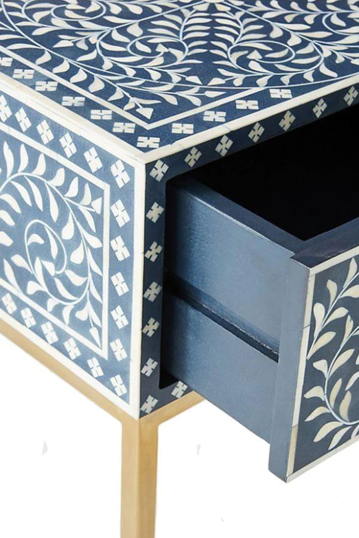 Bed Side Table Floral Dark Blue