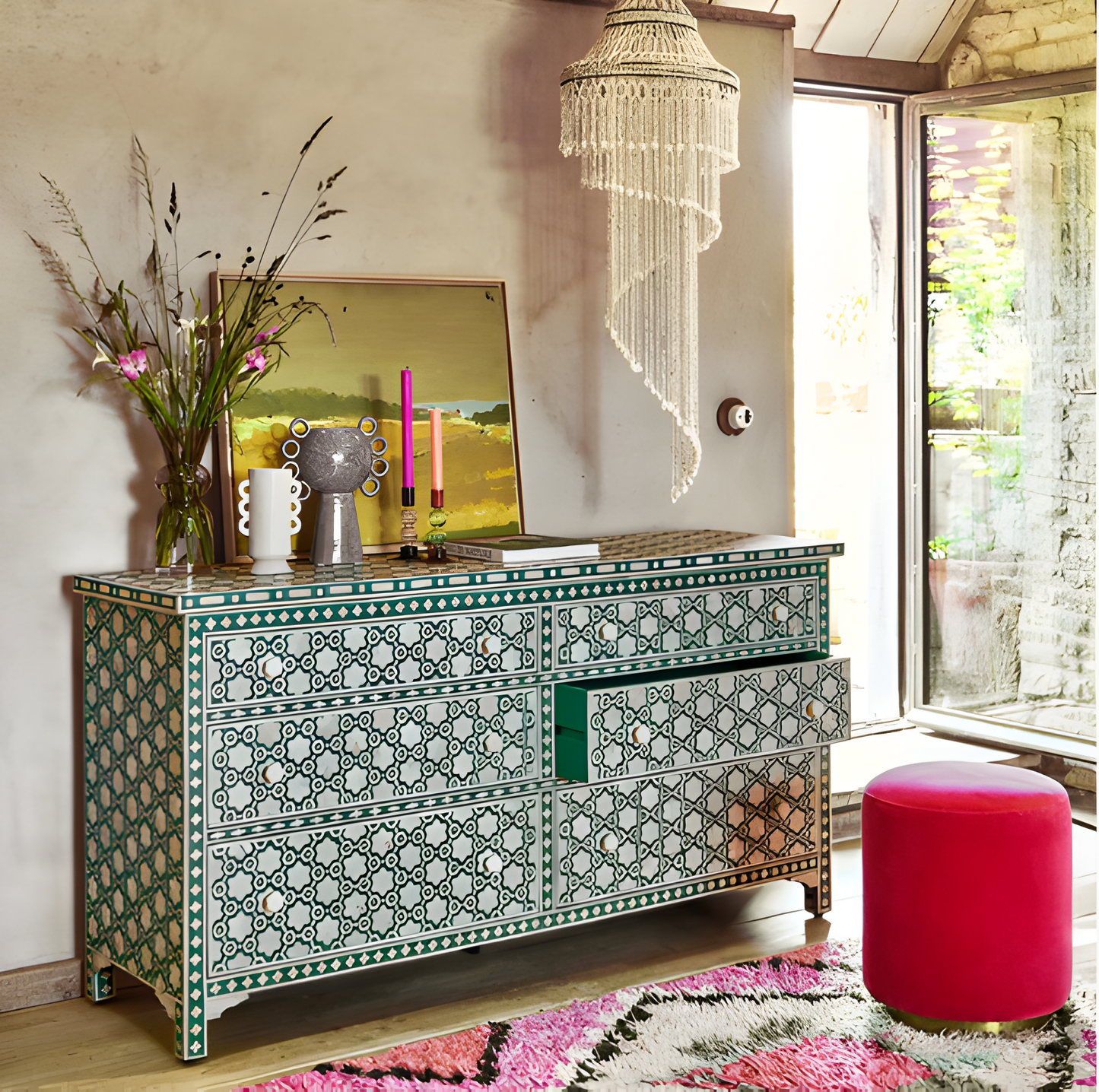 Wooden Floral Bone Inlay Six Drawer In Green