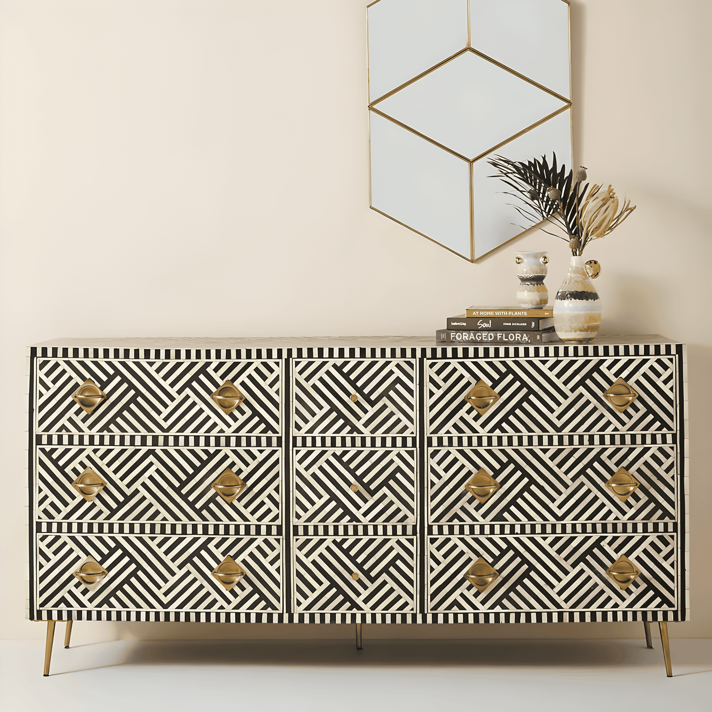 CHEVRON BONE INLAY STORAGE CABINET BLACK