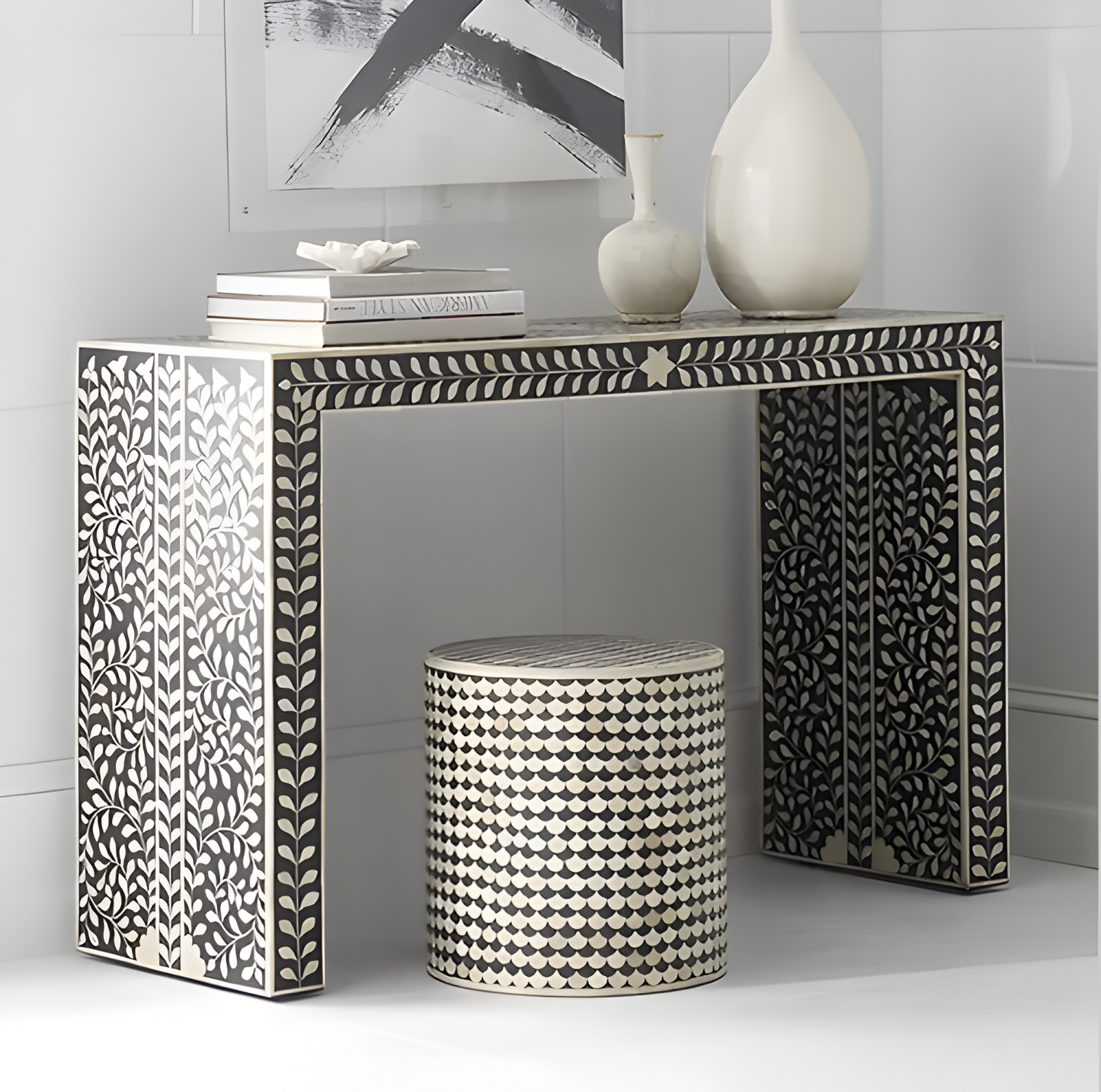 Bone Inlay Waterfall Console Table Floral - Black