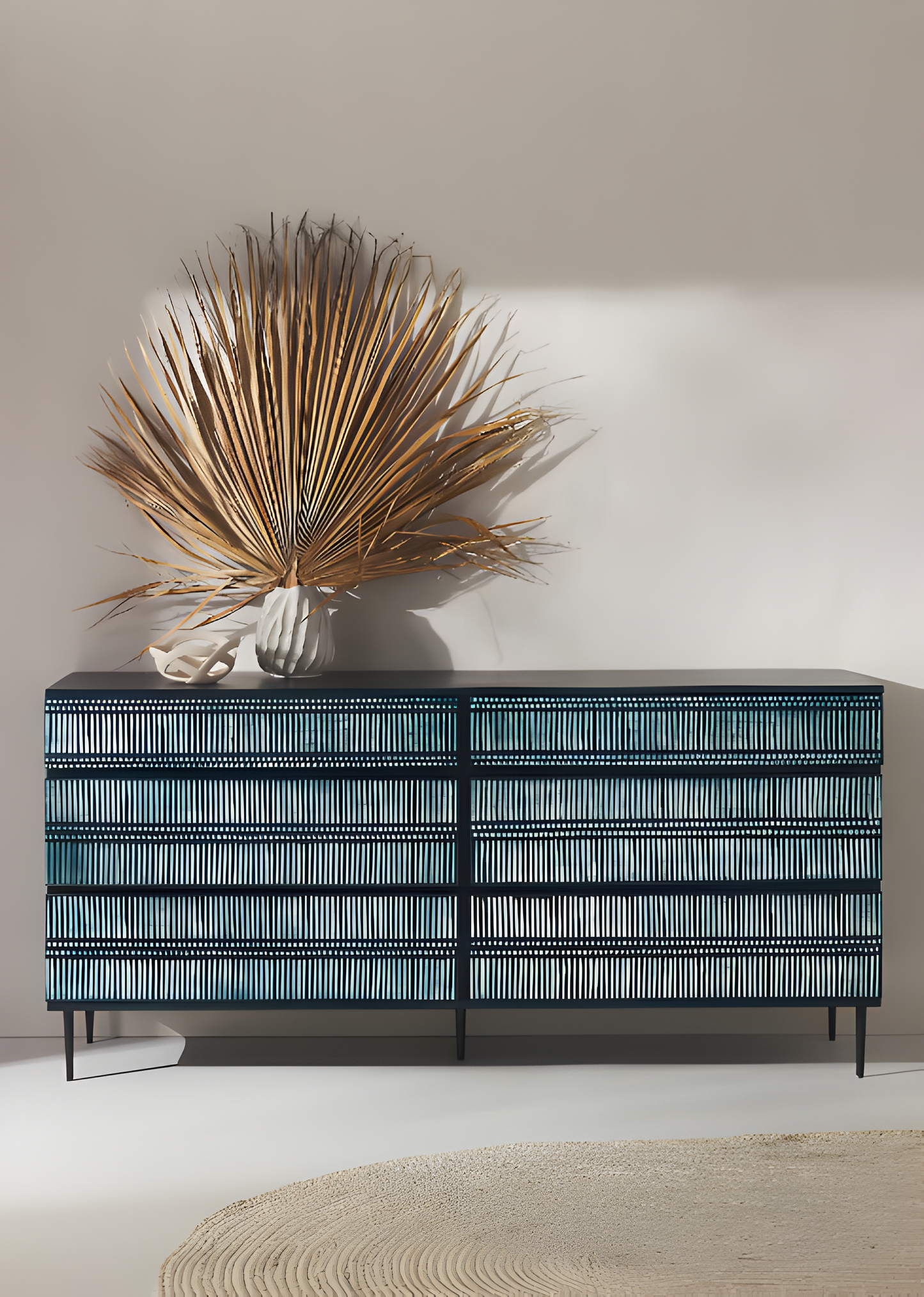 Bone Inlay Modish Blue Solid Wood Tv Unit Stripe Pattern