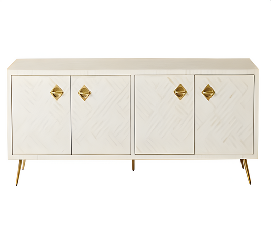 Bone Inlay Criss-Cross Stripe TV Sideboard with Brass - White
