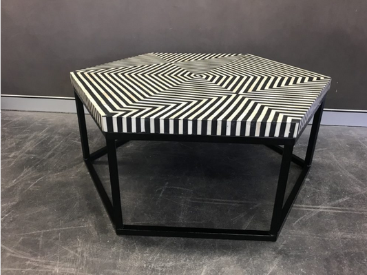 Bone Inlay Hexagonal Coffee Table in Black & White Stripe Design with Metal Based