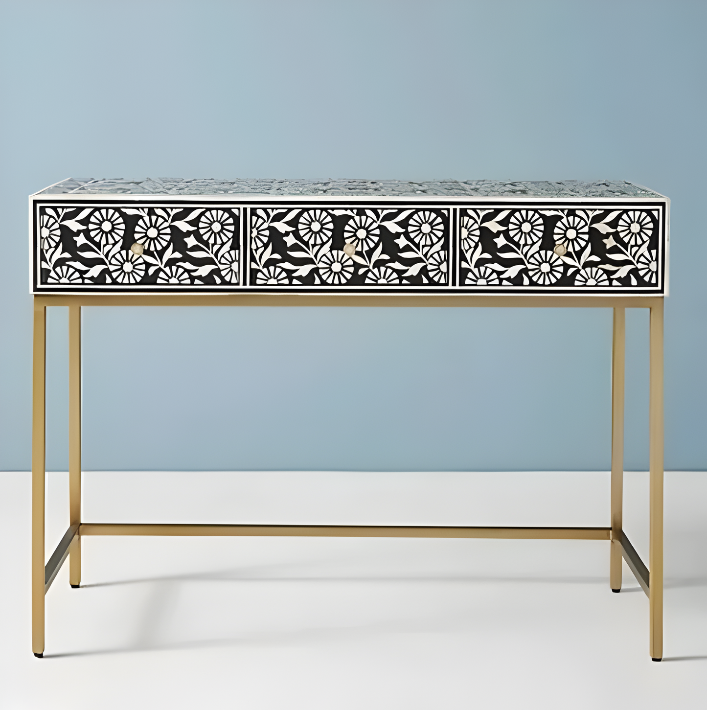 Moroccan Bone Inlay 3 Drawer Console Black Bone Inlay Desk Bone inlay furniture