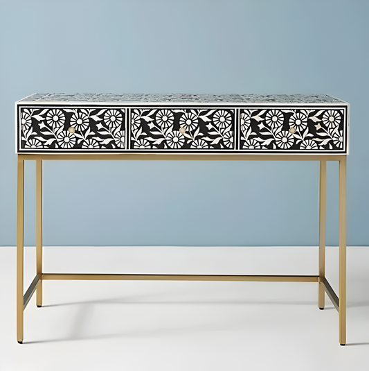 Moroccan Bone Inlay 3 Drawer Console Black Bone Inlay Desk Bone inlay furniture