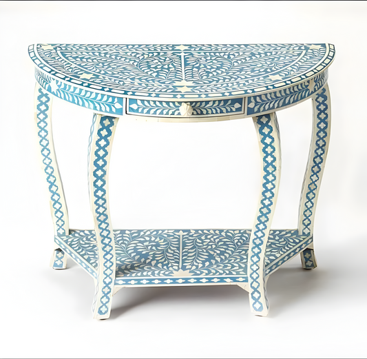 Bone Inlay Demilune Console Table Light Blue