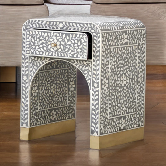 Handmade Camel Bone Inlay Waterfall Bedside / nightstand / side table with brass work on legs