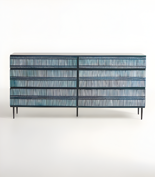 Bone Inlay Modish Blue Solid Wood Tv Unit Stripe Pattern