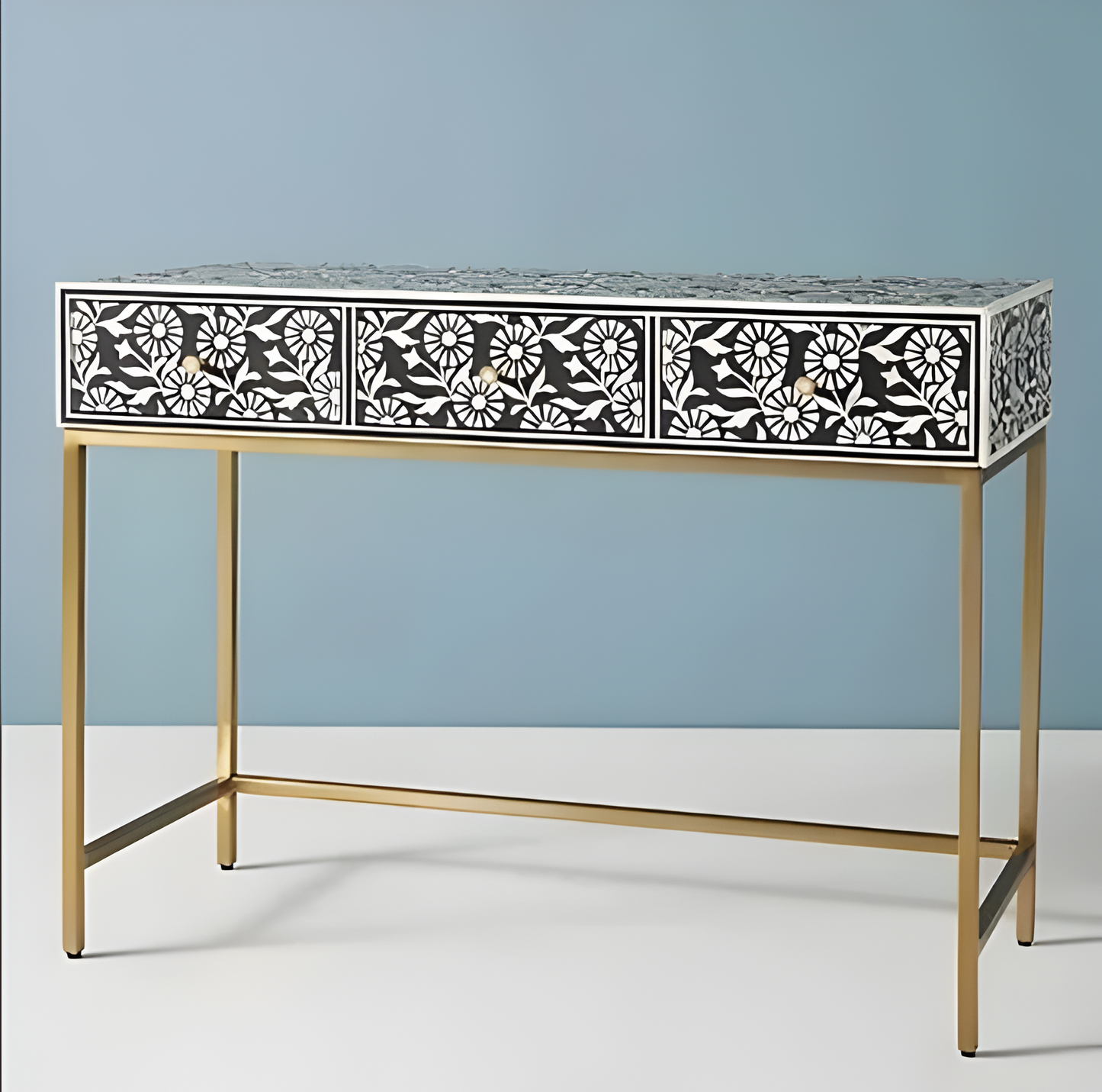 Moroccan Bone Inlay 3 Drawer Console Black Bone Inlay Desk Bone inlay furniture