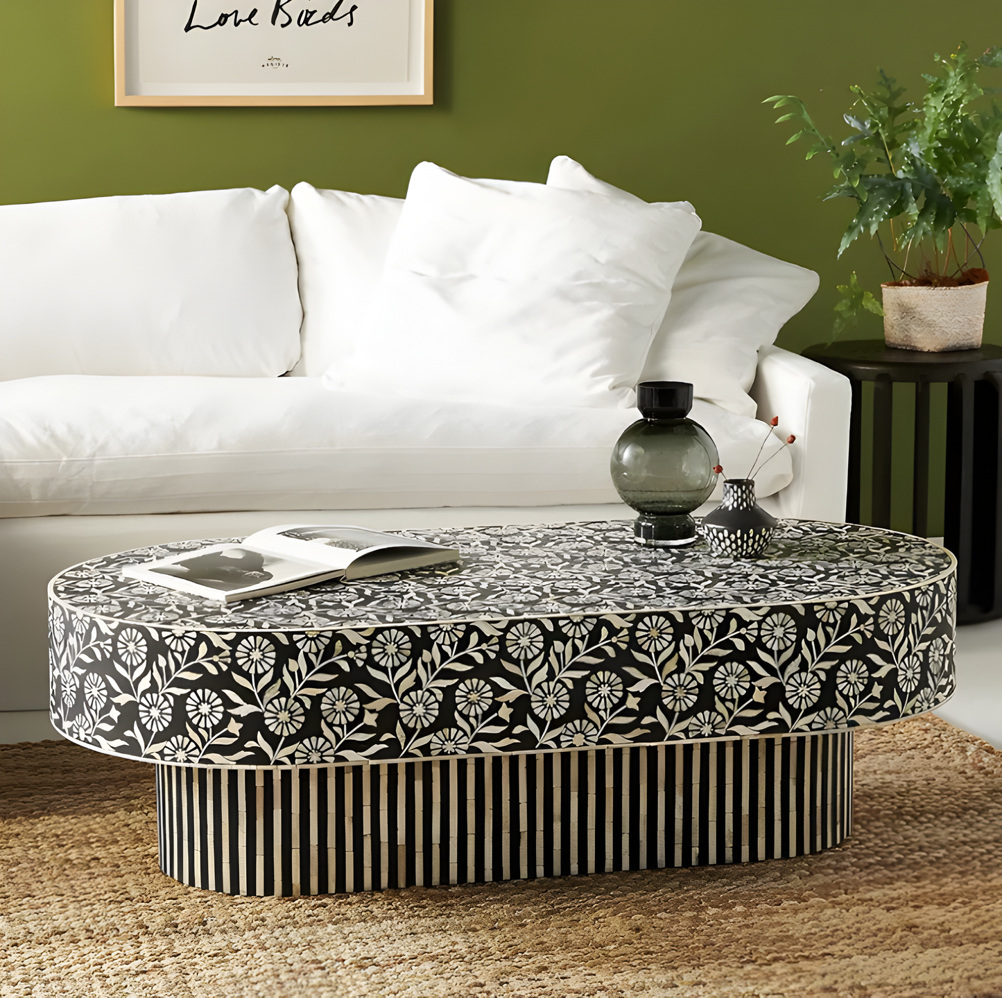 SUNFLOWER INLAY OVAL SHAPE COFFEE TABLE - BLACK & WHITE