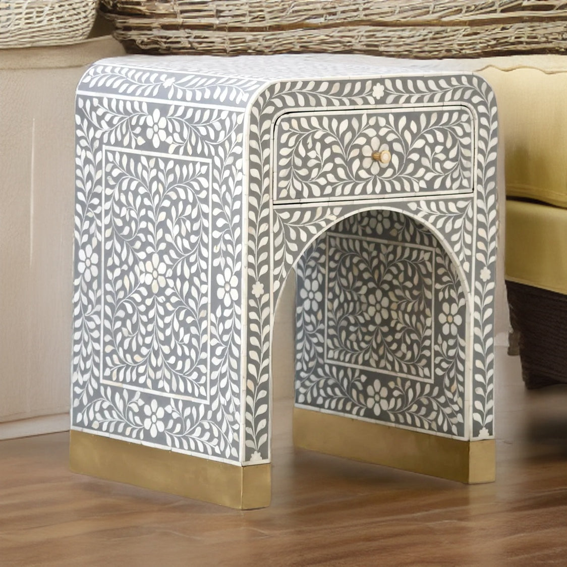 Handmade Camel Bone Inlay Waterfall Bedside / nightstand / side table with brass work on legs