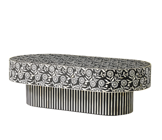 SUNFLOWER INLAY OVAL SHAPE COFFEE TABLE - BLACK & WHITE