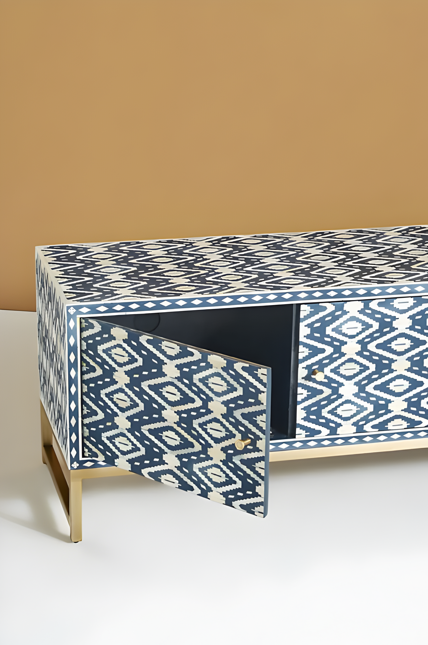 INLAY IKAT DESIGN MEDIA CONSOLE INDIGO BLUE