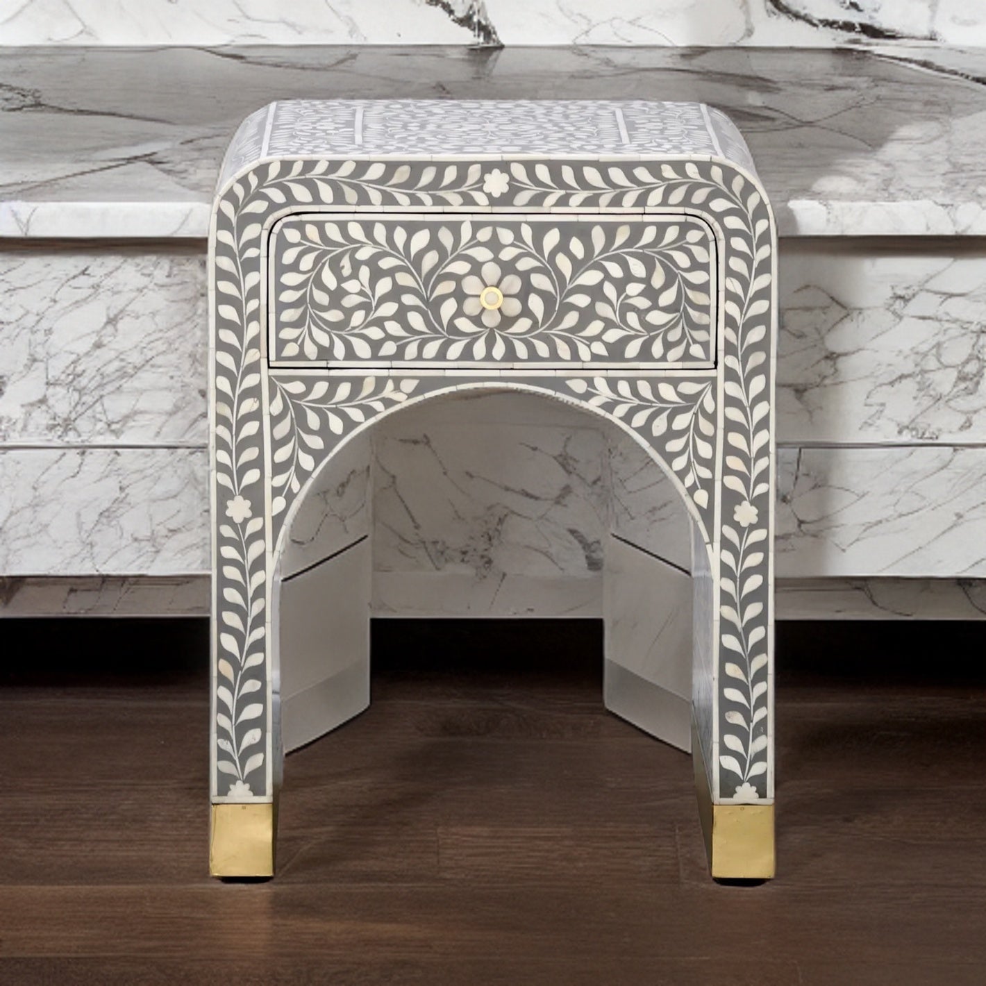 Handmade Camel Bone Inlay Waterfall Bedside / nightstand / side table with brass work on legs