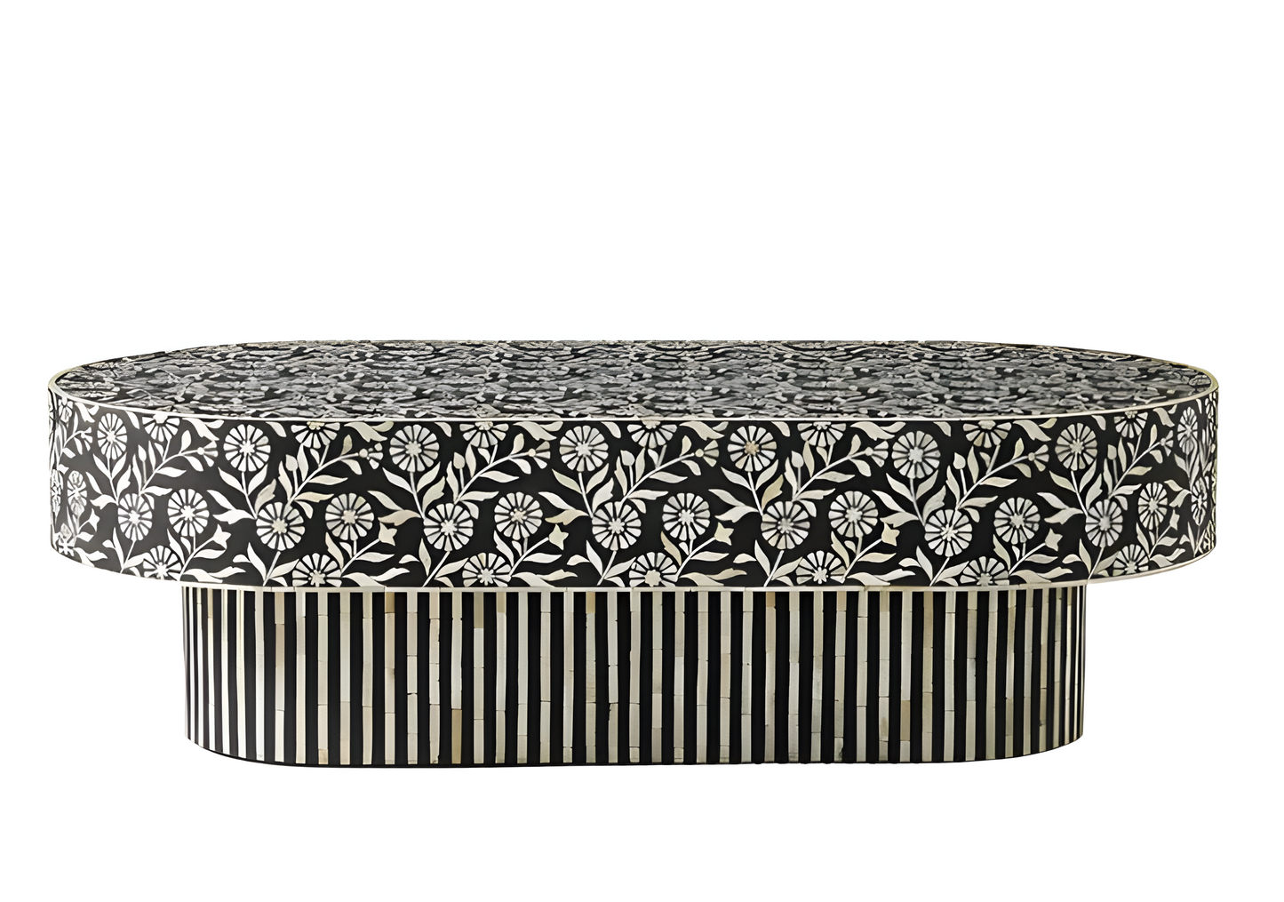 SUNFLOWER INLAY OVAL SHAPE COFFEE TABLE - BLACK & WHITE