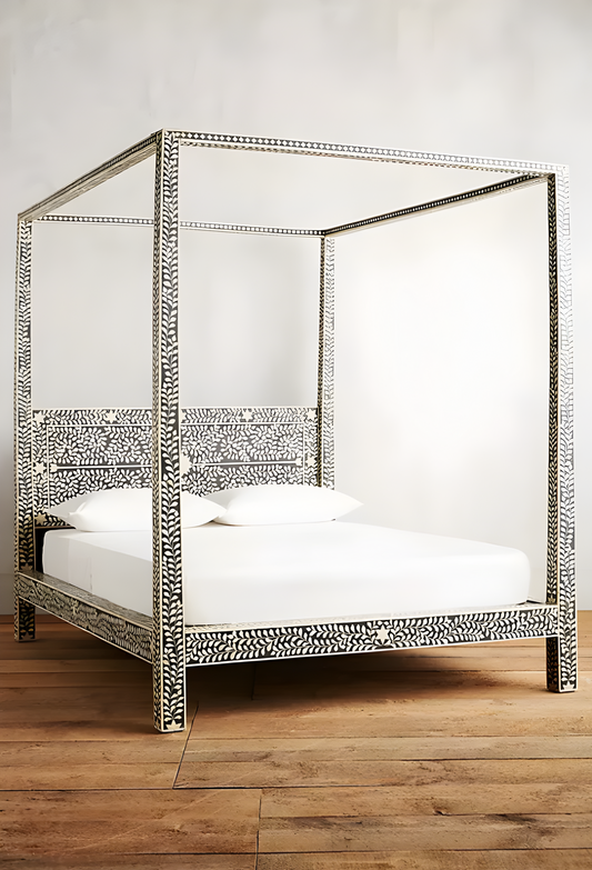 Floral Bone Inlay Bed In Black