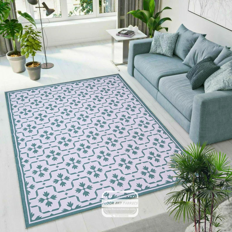 White & Blue Flower-Flatweave Dhurrie Rug